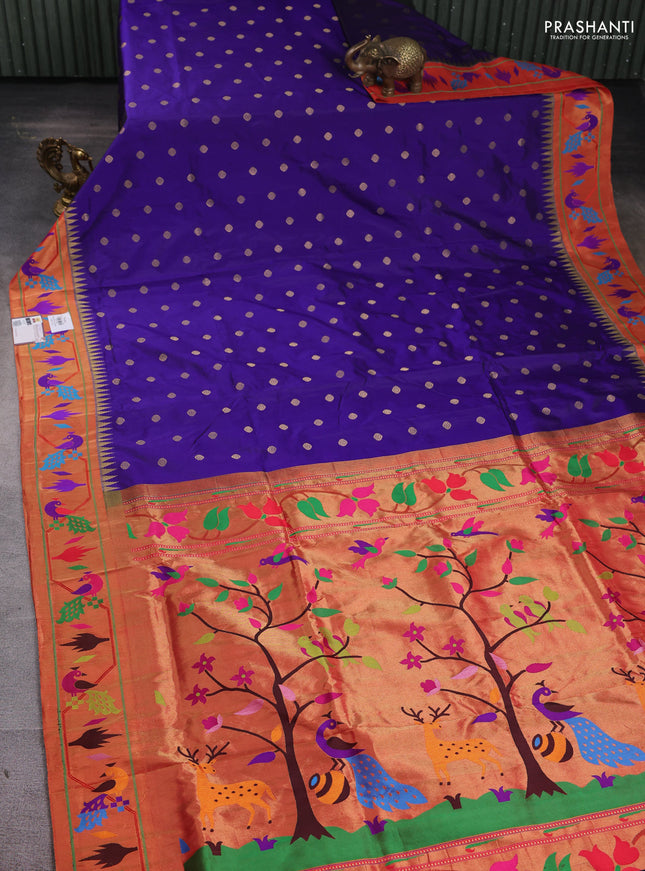 Pure paithani silk saree blue and red with zari woven buttas and zari woven paithani border