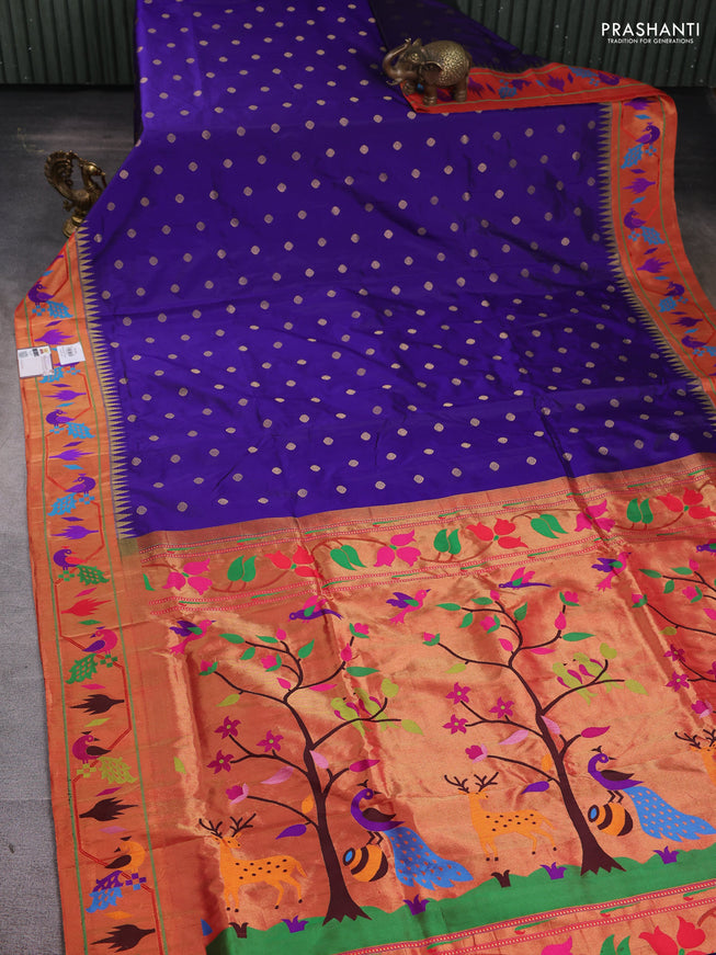 Pure paithani silk saree blue and red with zari woven buttas and zari woven paithani border