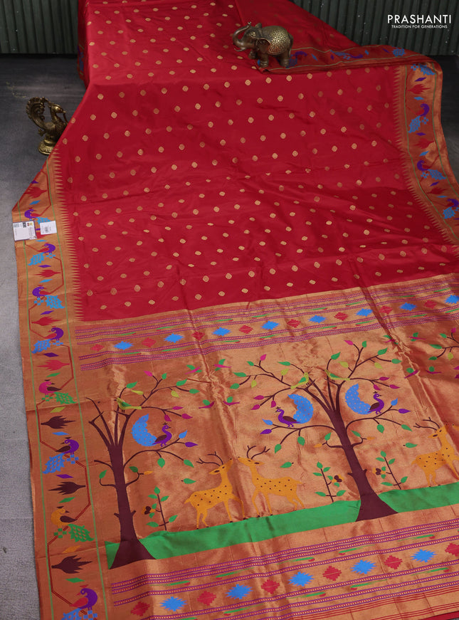 Pure paithani silk saree red with zari woven buttas and zari woven paithani border