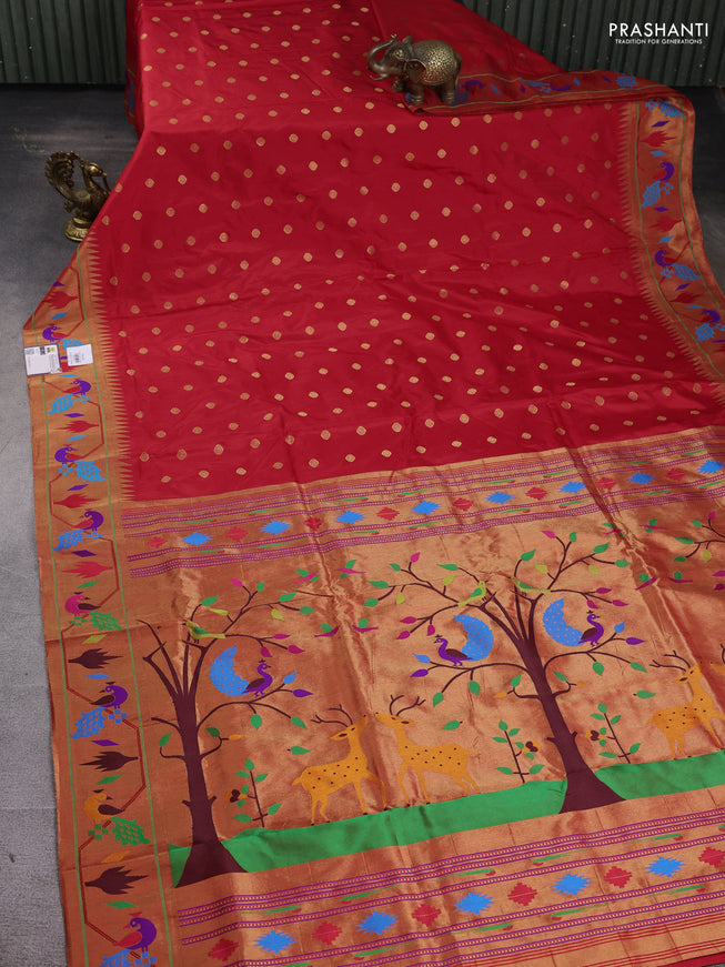 Pure paithani silk saree red with zari woven buttas and zari woven paithani border