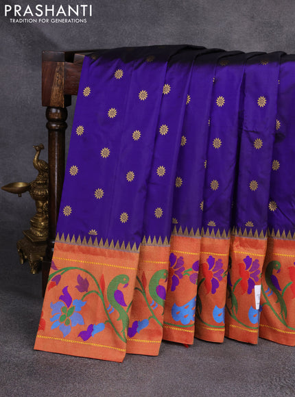 Pure paithani silk saree blue with zari woven floral buttas and zari woven paithani border