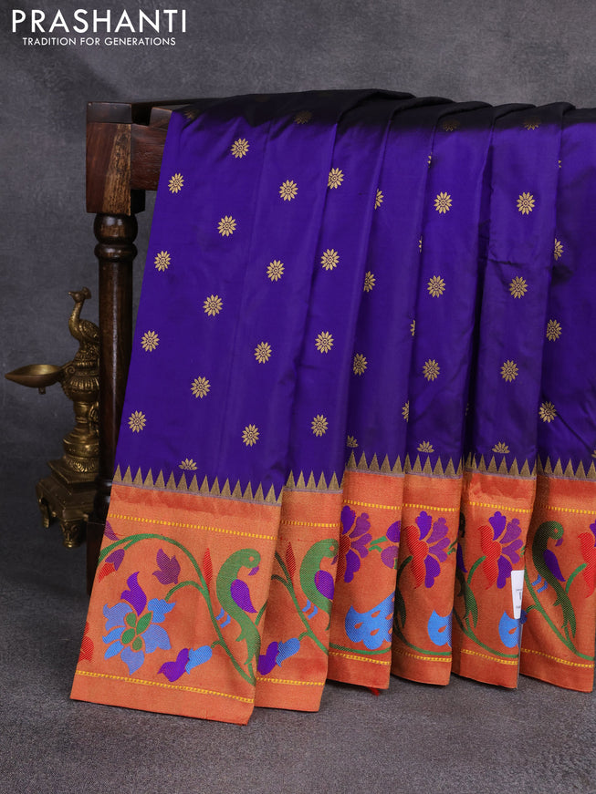 Pure paithani silk saree blue with zari woven floral buttas and zari woven paithani border