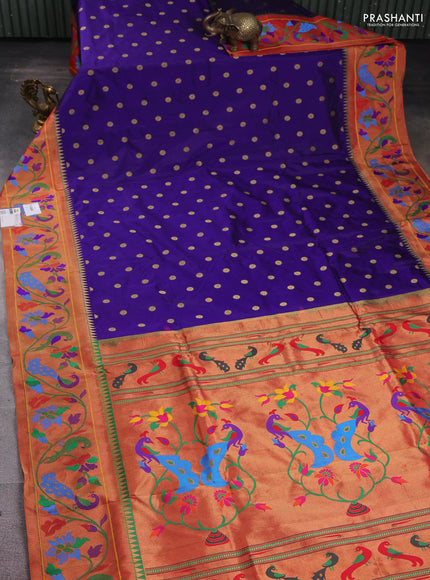 Pure paithani silk saree blue with zari woven floral buttas and zari woven paithani border