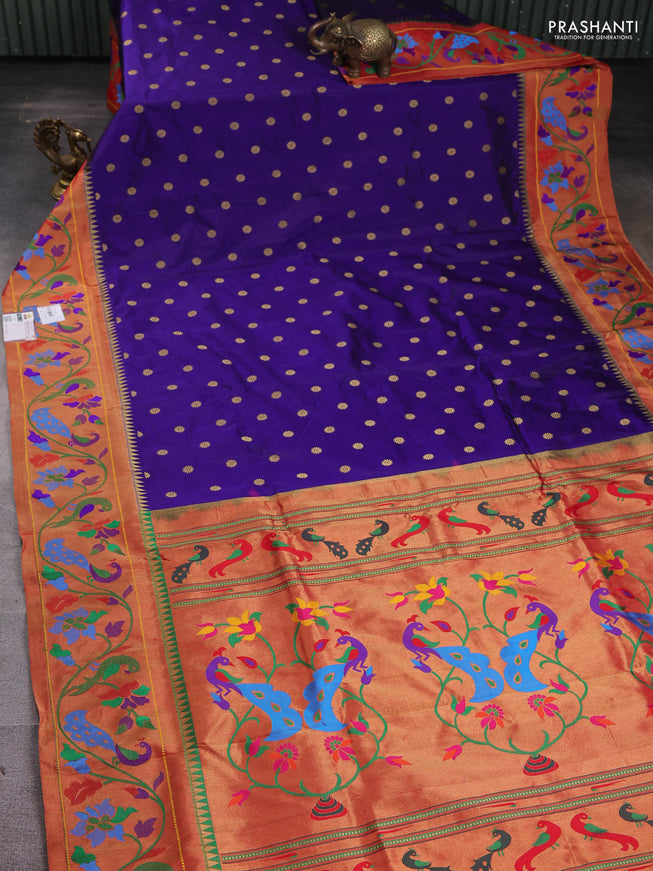 Pure paithani silk saree blue with zari woven floral buttas and zari woven paithani border
