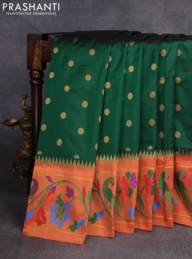 Pure paithani silk saree green and red with zari woven floral buttas and zari woven paithani border
