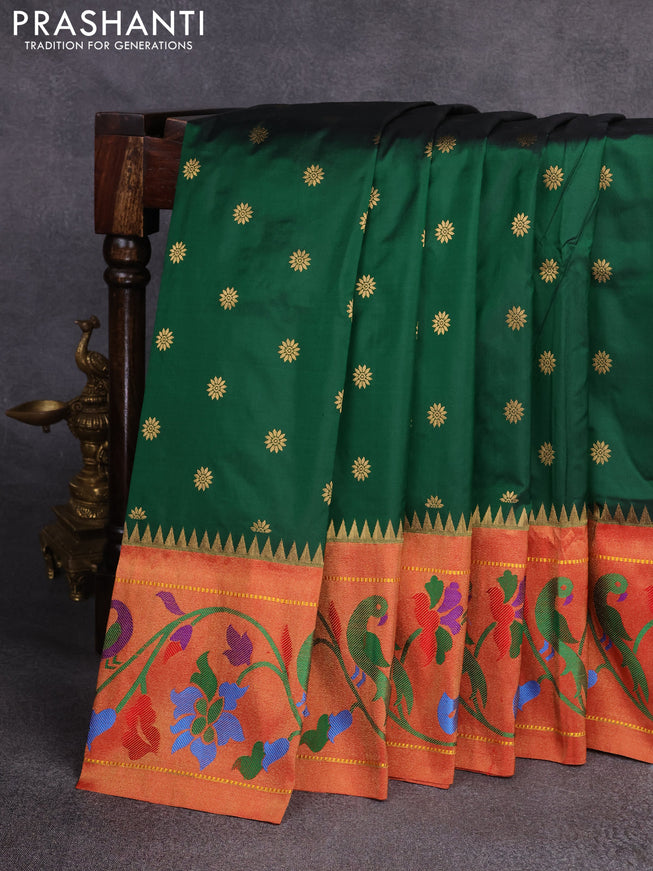 Pure paithani silk saree green and red with zari woven floral buttas and zari woven paithani border