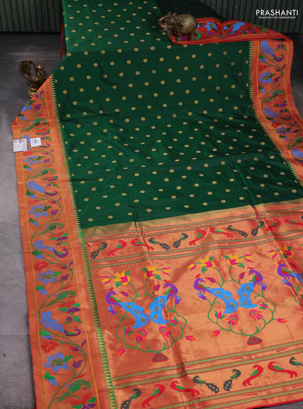 Pure paithani silk saree green and red with zari woven floral buttas and zari woven paithani border