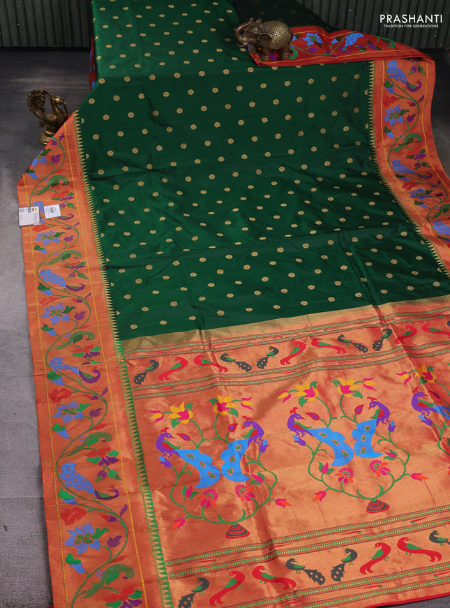 Pure paithani silk saree green and red with zari woven floral buttas and zari woven paithani border