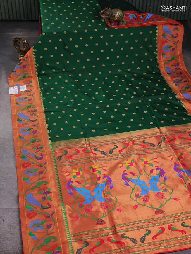 Pure paithani silk saree green and red with zari woven floral buttas and zari woven paithani border