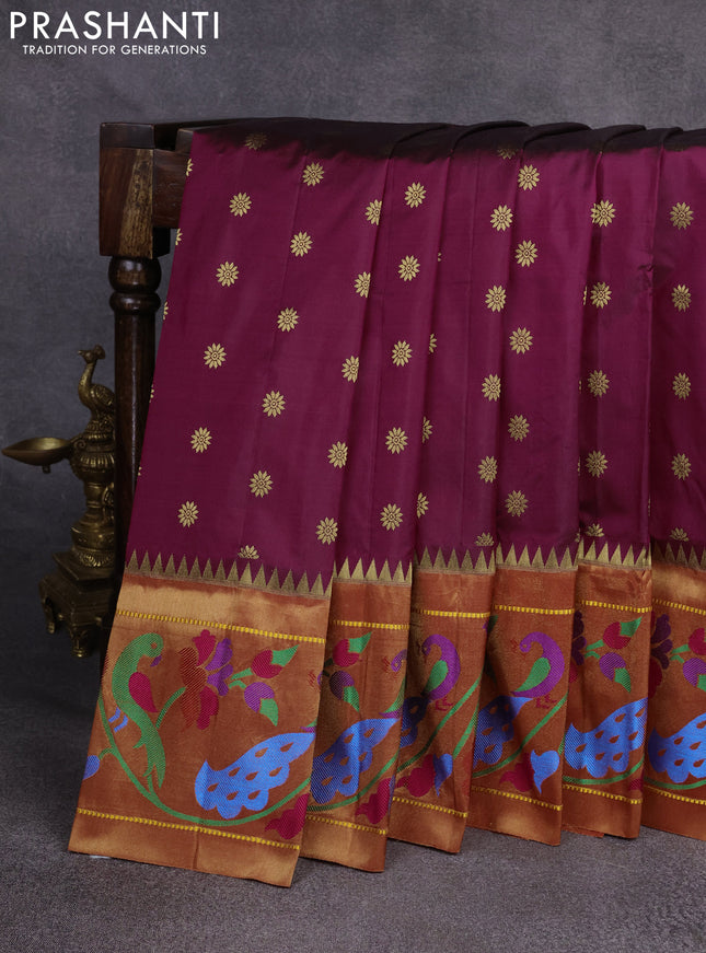 Pure paithani silk saree magenta pink and red with zari woven floral buttas and zari woven paithani border