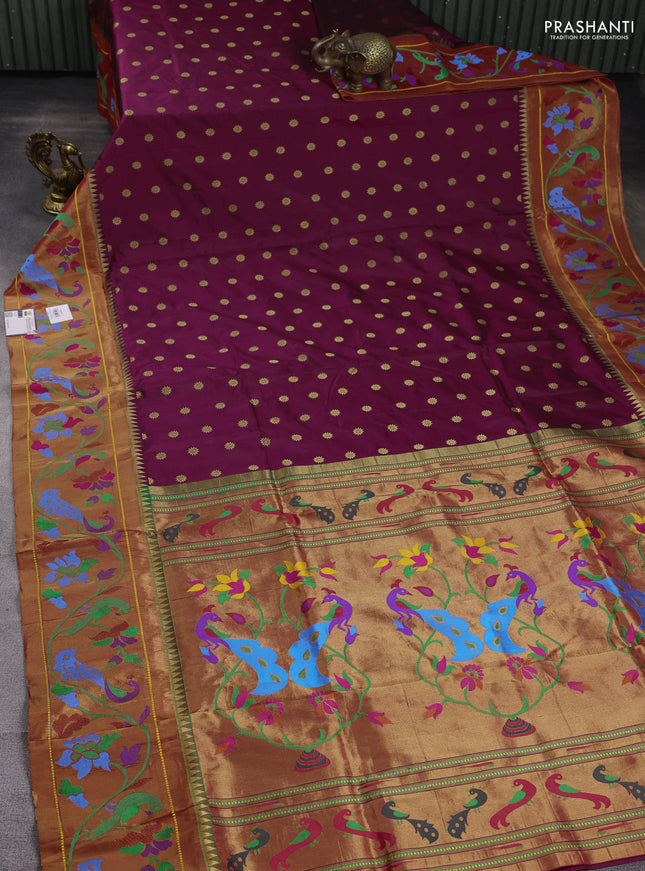 Pure paithani silk saree magenta pink and red with zari woven floral buttas and zari woven paithani border
