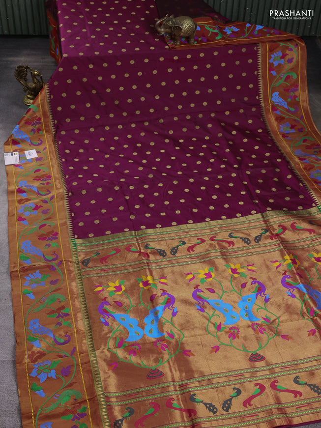 Pure paithani silk saree magenta pink and red with zari woven floral buttas and zari woven paithani border