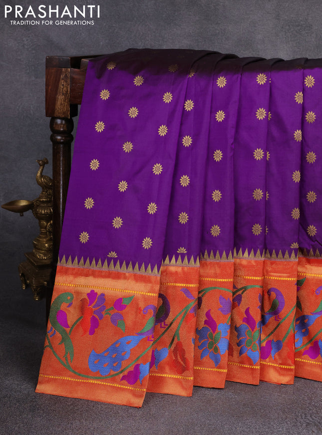Pure paithani silk saree purple and red with zari woven floral buttas and zari woven paithani border