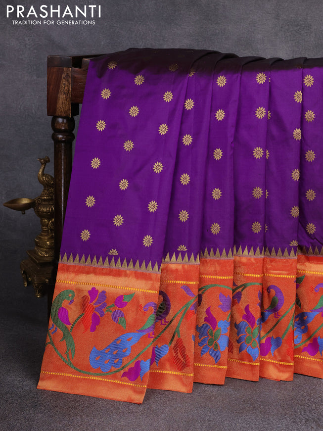 Pure paithani silk saree purple and red with zari woven floral buttas and zari woven paithani border