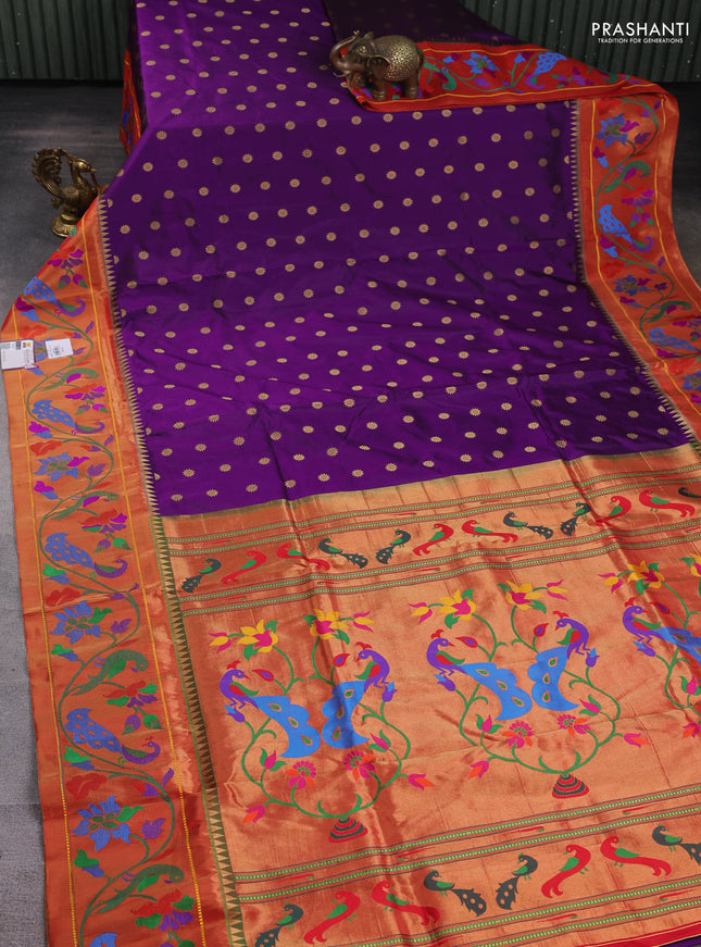 Pure paithani silk saree purple and red with zari woven floral buttas and zari woven paithani border
