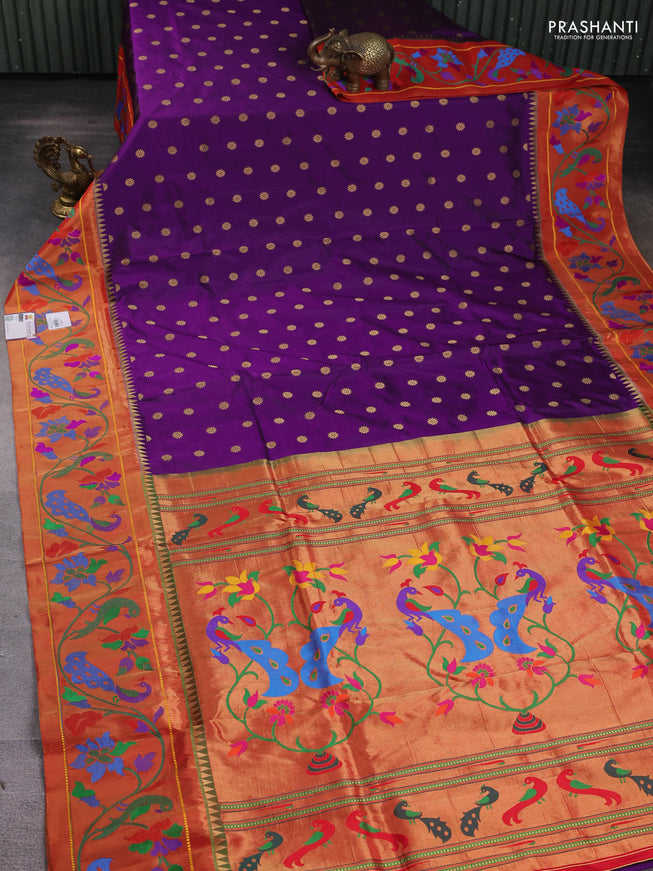 Pure paithani silk saree purple and red with zari woven floral buttas and zari woven paithani border