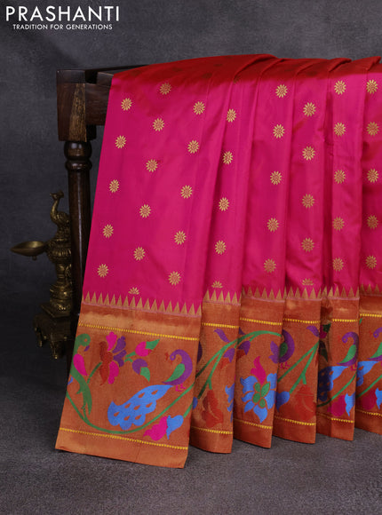 Pure paithani silk saree pink and red with zari woven floral buttas and zari woven paithani border