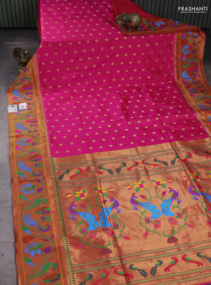 Pure paithani silk saree pink and red with zari woven floral buttas and zari woven paithani border