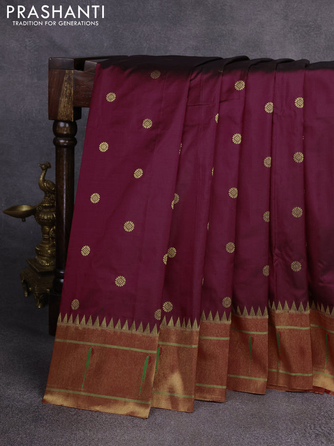 Pure paithani silk saree maroon with zari woven floral buttas and muniya butta border