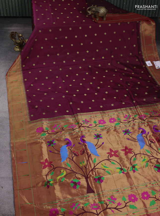 Pure paithani silk saree maroon with zari woven floral buttas and muniya butta border