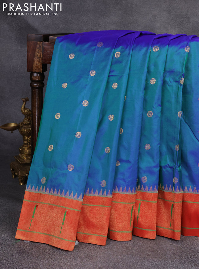 Pure paithani silk saree peacock blue and red with zari woven buttas and muniya butta border