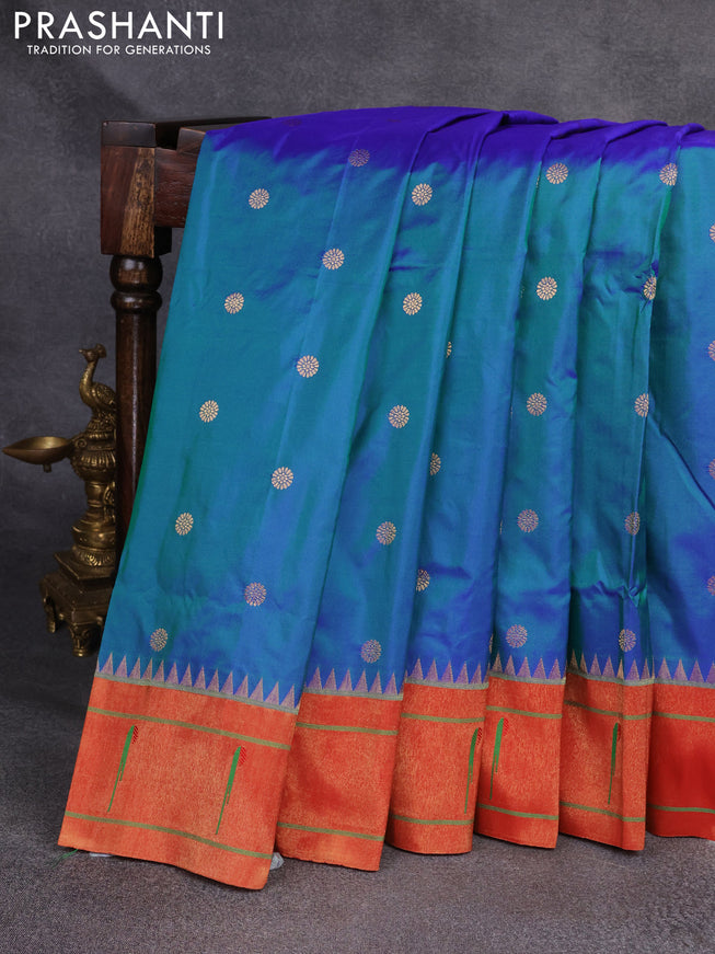 Pure paithani silk saree peacock blue and red with zari woven buttas and muniya butta border