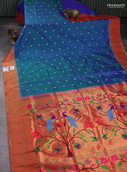 Pure paithani silk saree peacock blue and red with zari woven buttas and muniya butta border