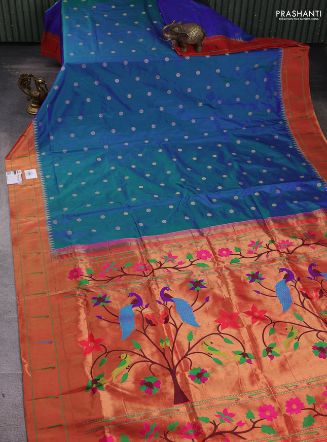 Pure paithani silk saree peacock blue and red with zari woven buttas and muniya butta border