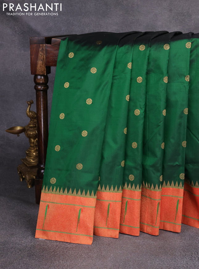 Pure paithani silk saree green and red with zari woven floral buttas and muniya butta border