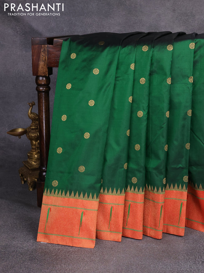 Pure paithani silk saree green and red with zari woven floral buttas and muniya butta border