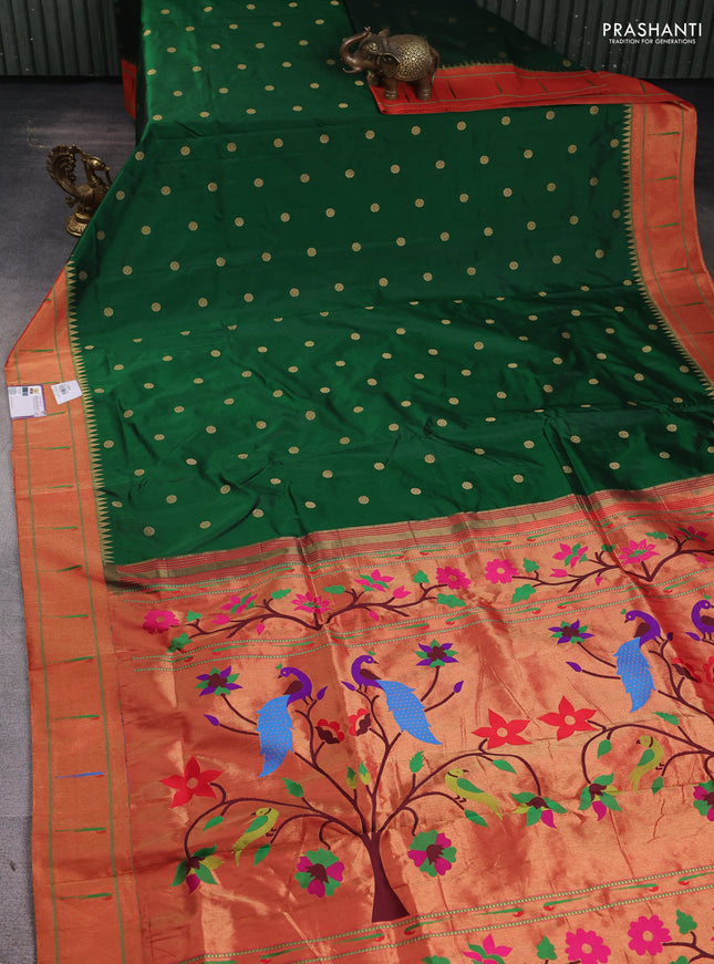 Pure paithani silk saree green and red with zari woven floral buttas and muniya butta border