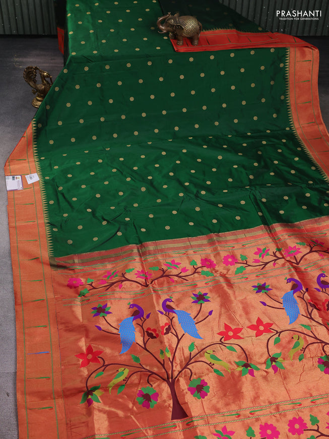 Pure paithani silk saree green and red with zari woven floral buttas and muniya butta border