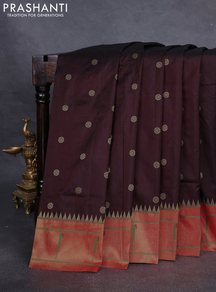 Pure paithani silk saree brown and red with zari woven floral buttas and muniya butta border