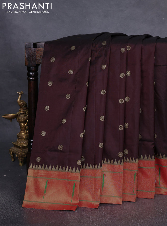 Pure paithani silk saree brown and red with zari woven floral buttas and muniya butta border