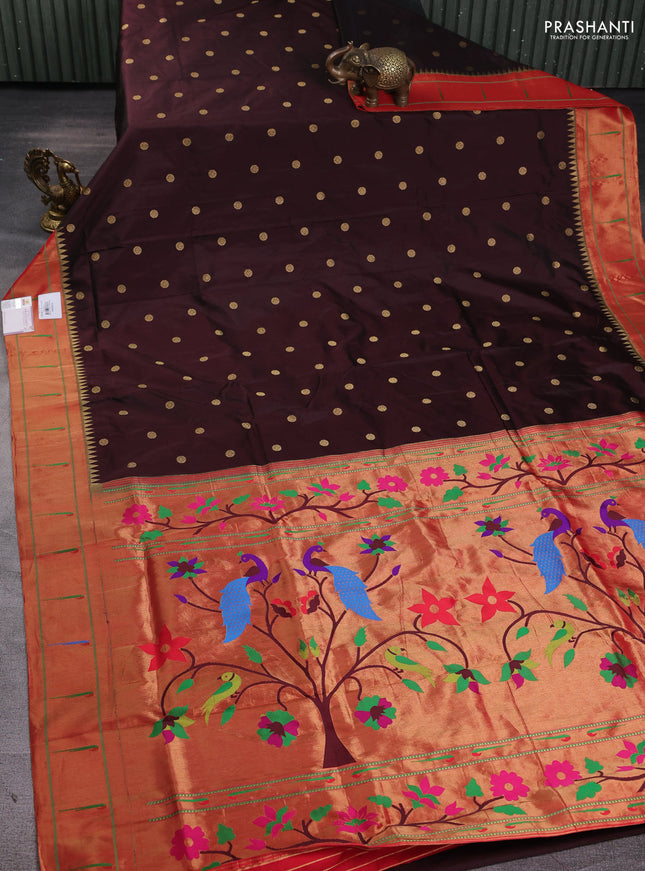 Pure paithani silk saree brown and red with zari woven floral buttas and muniya butta border