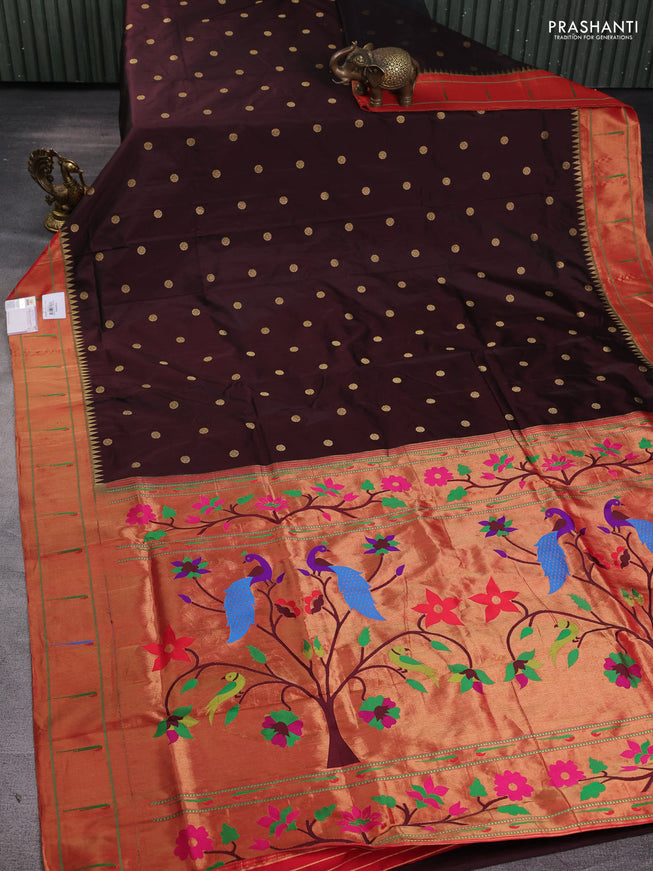 Pure paithani silk saree brown and red with zari woven floral buttas and muniya butta border