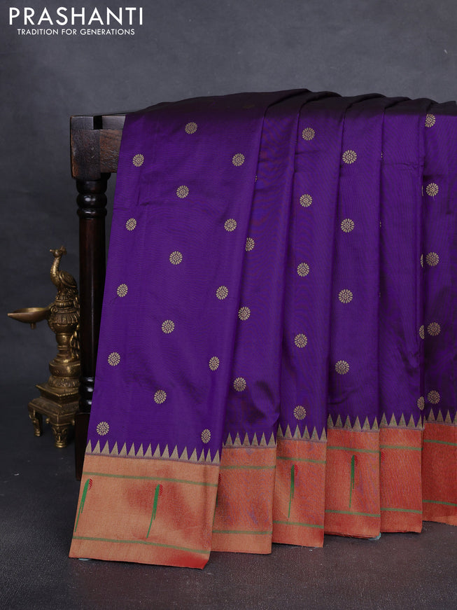 Pure paithani silk saree purple and red with zari woven floral buttas and muniya butta border