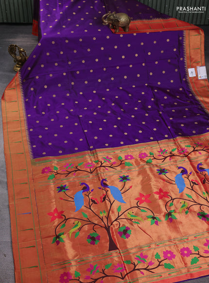 Pure paithani silk saree purple and red with zari woven floral buttas and muniya butta border