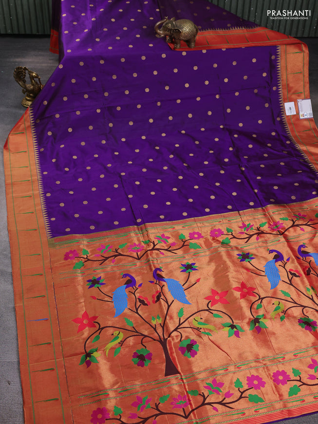 Pure paithani silk saree purple and red with zari woven floral buttas and muniya butta border