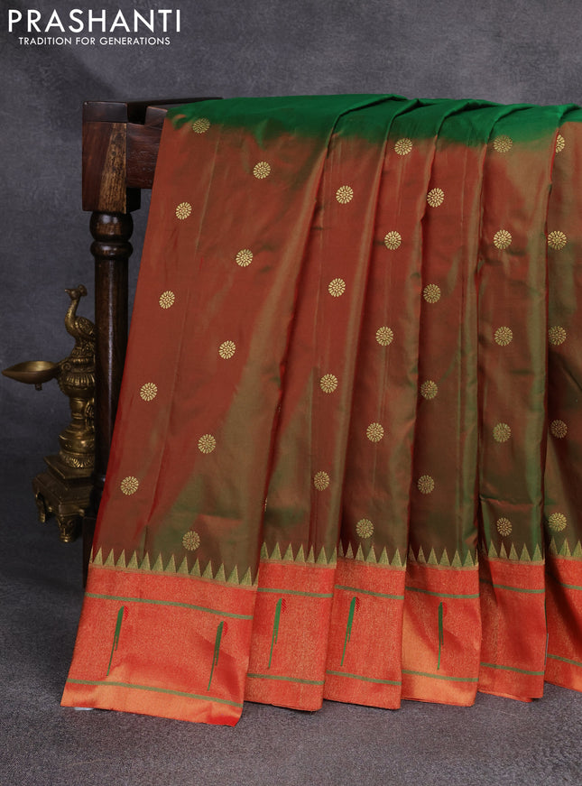 Pure paithani silk saree manthulir green and red with zari woven floral buttas and muniya butta border