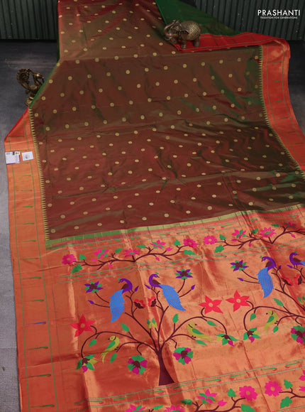 Pure paithani silk saree manthulir green and red with zari woven floral buttas and muniya butta border
