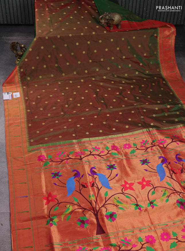 Pure paithani silk saree manthulir green and red with zari woven floral buttas and muniya butta border