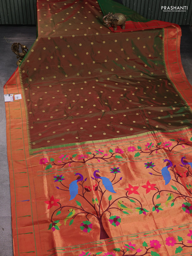 Pure paithani silk saree manthulir green and red with zari woven floral buttas and muniya butta border