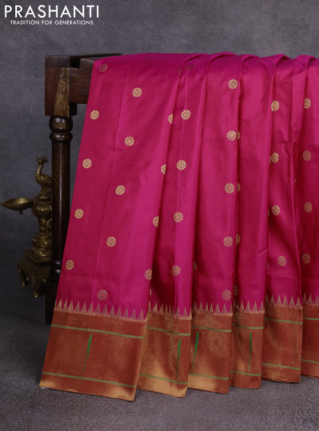 Pure paithani silk saree pink and red with zari woven floral buttas and muniya butta border