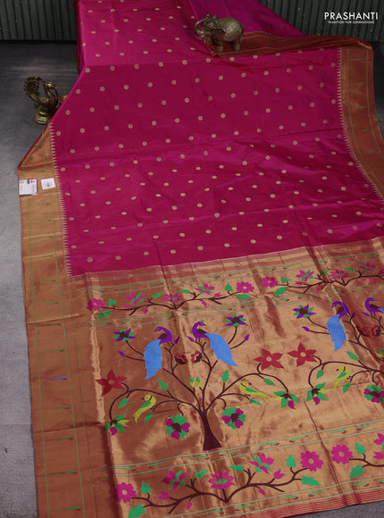 Pure paithani silk saree pink and red with zari woven floral buttas and muniya butta border