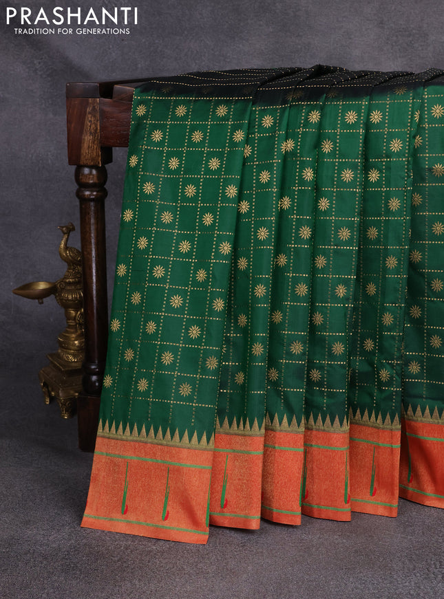 Pure paithani silk saree green and red with allover zari checks & buttas and muniya butta border