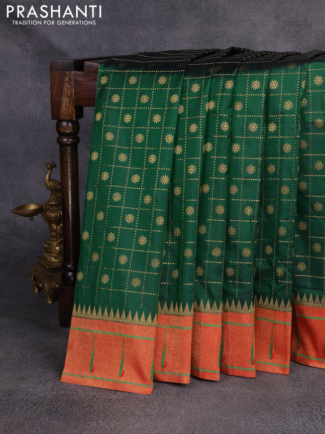 Pure paithani silk saree green and red with allover zari checks & buttas and muniya butta border