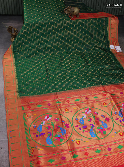 Pure paithani silk saree green and red with allover zari checks & buttas and muniya butta border