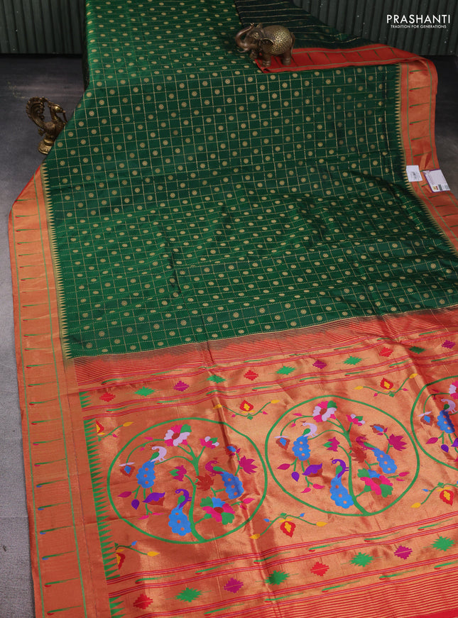 Pure paithani silk saree green and red with allover zari checks & buttas and muniya butta border