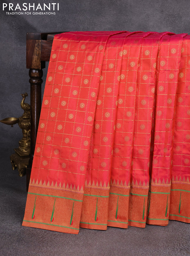 Pure paithani silk saree dual shade of pink with allover zari checks & buttas and muniya butta border